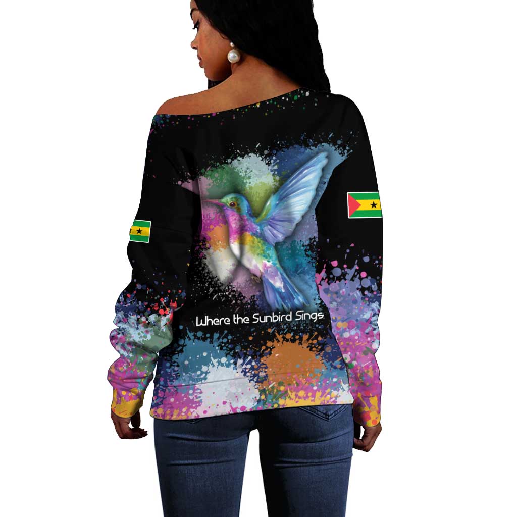 Where the Sunbird Sings Off Shoulder Sweater Sao Tome and Principe Flag - Color Splash Art - African Pride