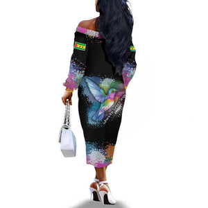 Where the Sunbird Sings Off The Shoulder Long Sleeve Dress Sao Tome and Principe Flag - Color Splash Art - African Pride