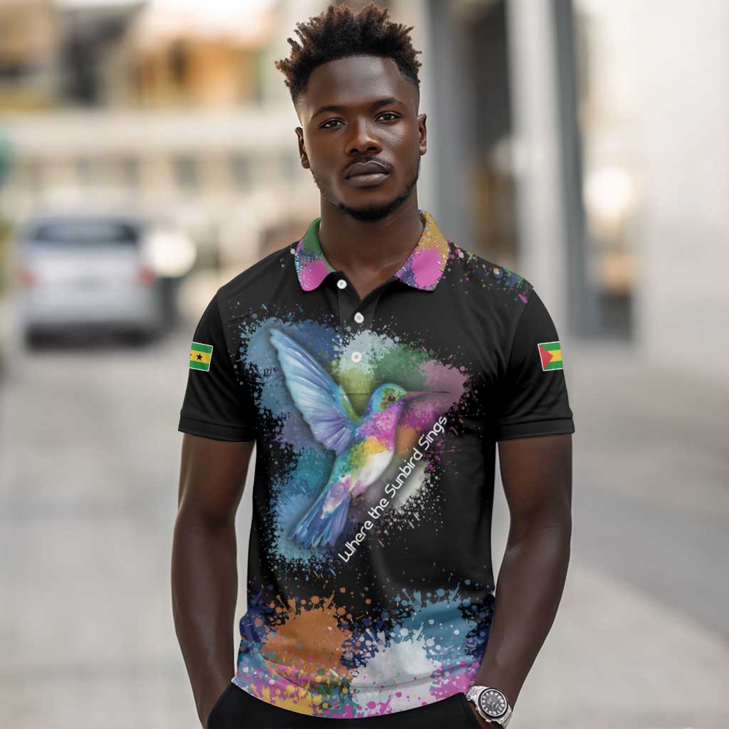 Where the Sunbird Sings Polo Shirt Sao Tome and Principe Flag - Color Splash Art - African Pride