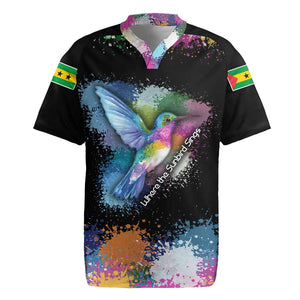 Where the Sunbird Sings Rugby Jersey Sao Tome and Principe Flag - Color Splash Art - African Pride