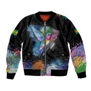 Where the Sunbird Sings Sleeve Zip Bomber Jacket Sao Tome and Principe Flag - Color Splash Art - African Pride