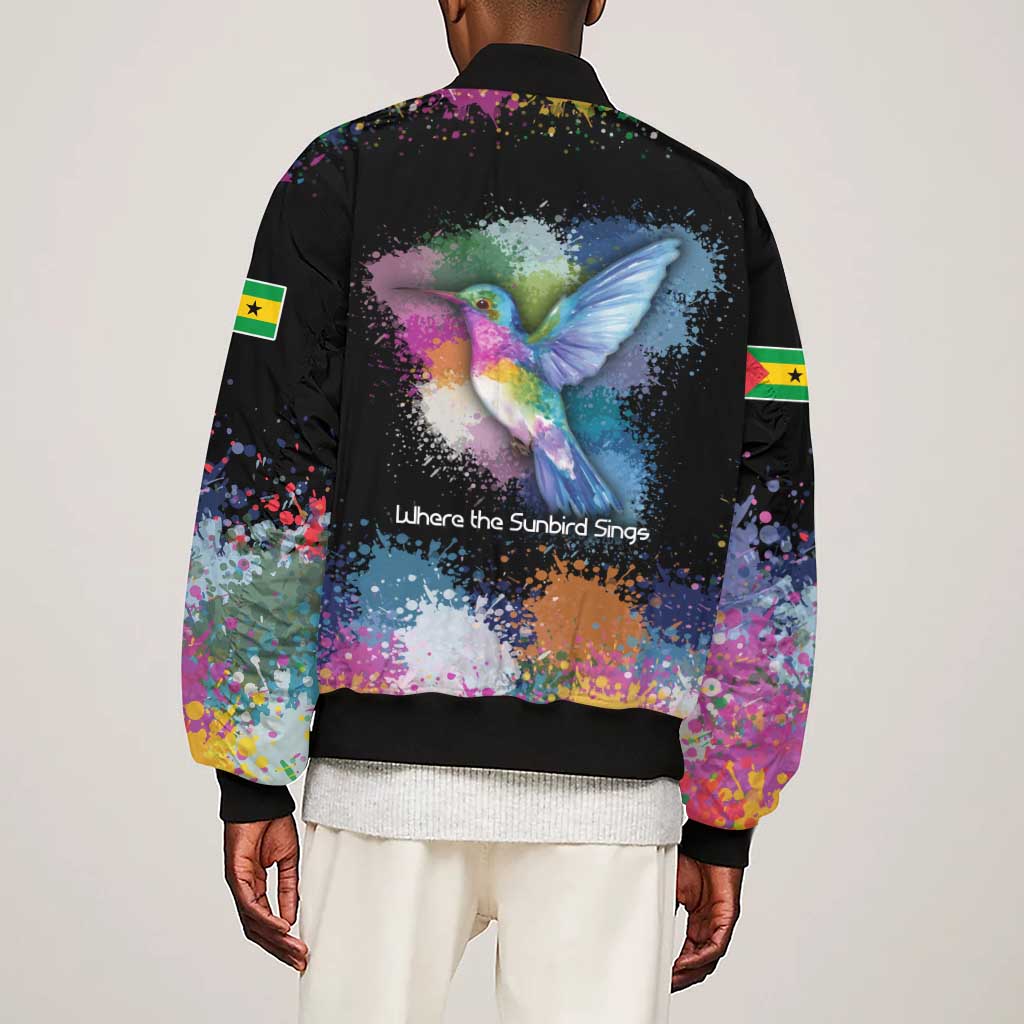 Where the Sunbird Sings Sleeve Zip Bomber Jacket Sao Tome and Principe Flag - Color Splash Art - African Pride