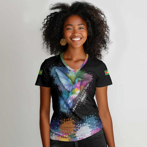 Where the Sunbird Sings Women V-Neck T-Shirt Sao Tome and Principe Flag - Color Splash Art - African Pride