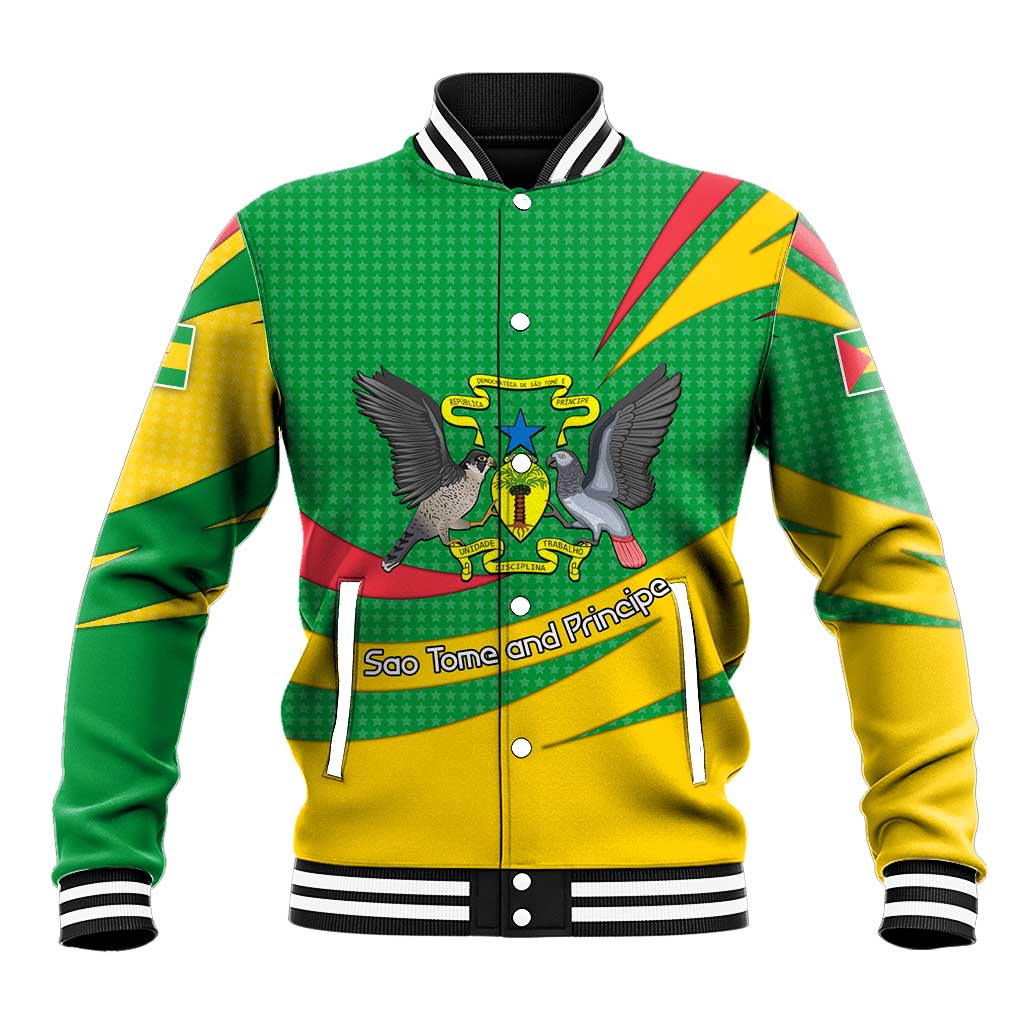Sao Tome and Principe National Emblem Baseball Jacket Green Yellow Flag Pattern - African Pride