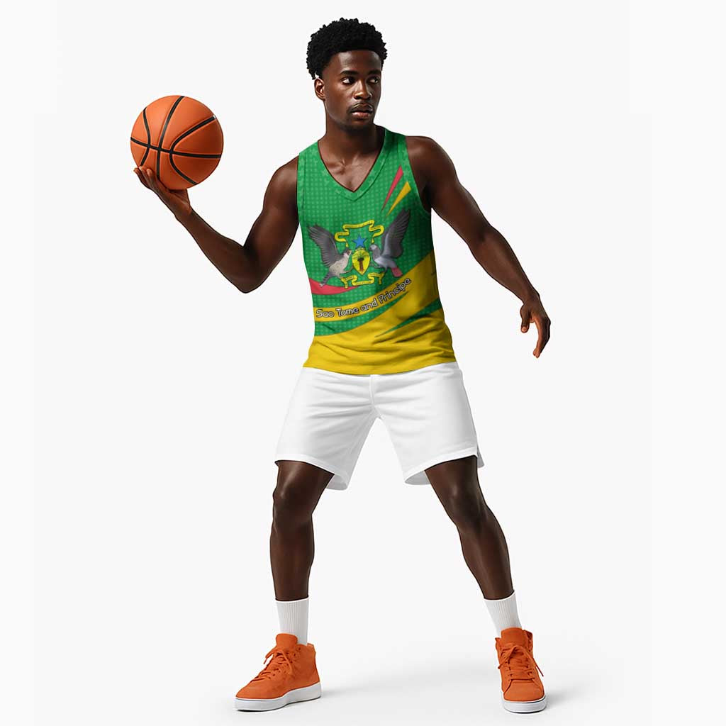 Sao Tome and Principe National Emblem Basketball Jersey Green Yellow Flag Pattern - African Pride
