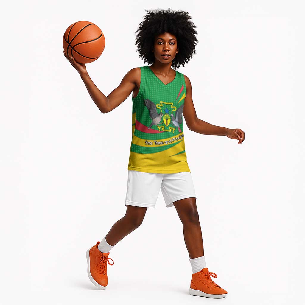Sao Tome and Principe National Emblem Basketball Jersey Green Yellow Flag Pattern - African Pride