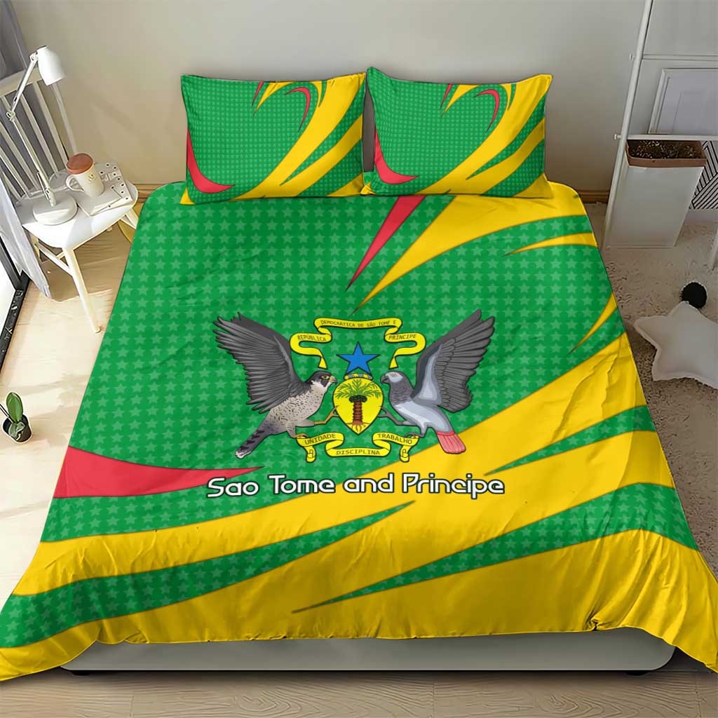 Sao Tome and Principe National Emblem Bedding Set Green Yellow Flag Pattern - African Pride
