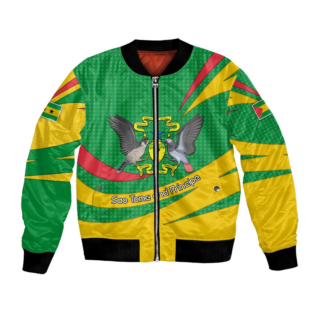 Sao Tome and Principe National Emblem Bomber Jacket Green Yellow Flag Pattern - African Pride