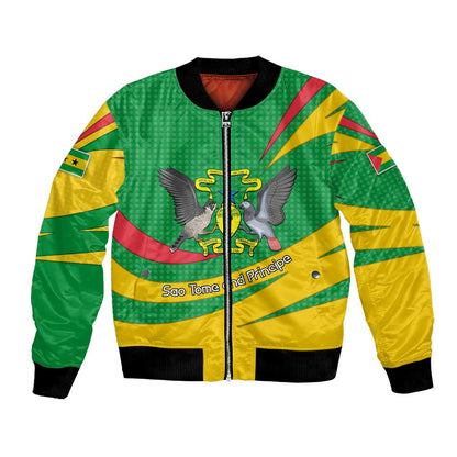 Sao Tome and Principe National Emblem Bomber Jacket Green Yellow Flag Pattern - African Pride