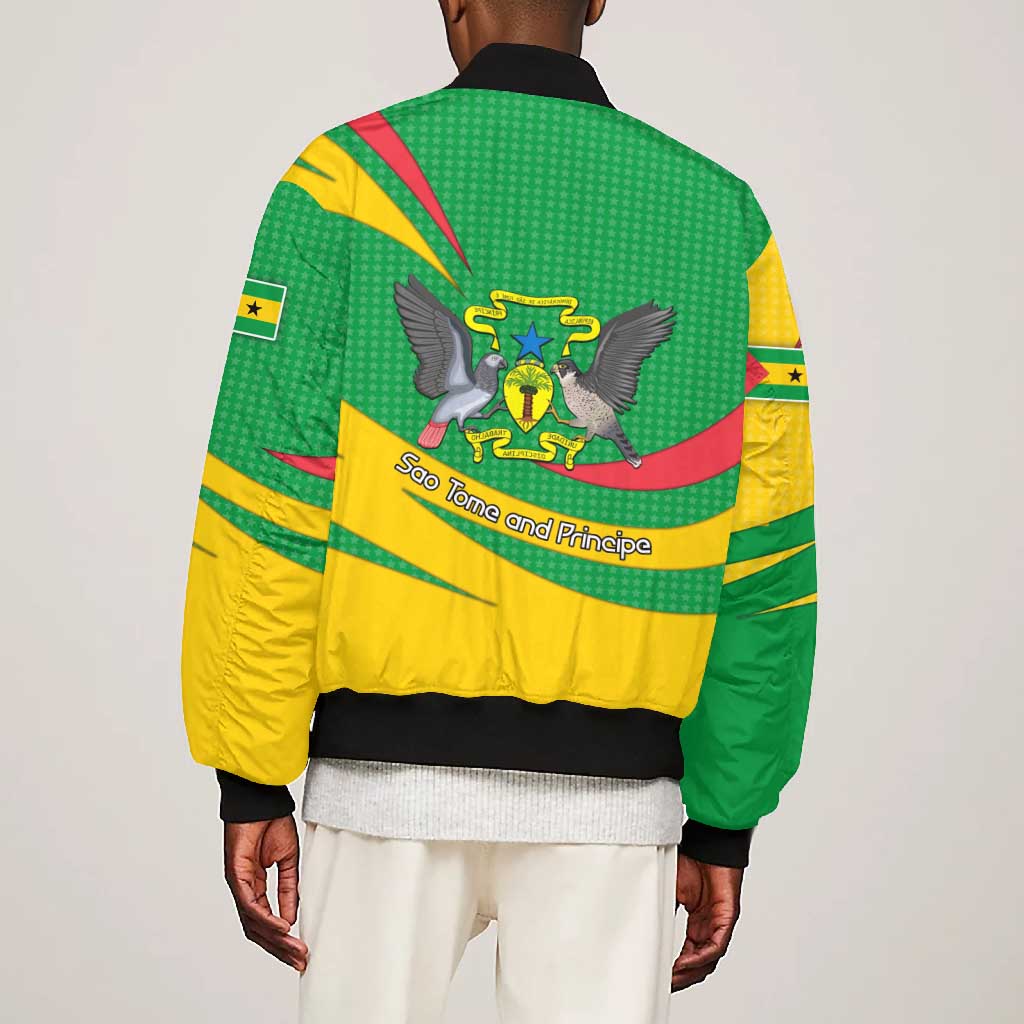 Sao Tome and Principe National Emblem Bomber Jacket Green Yellow Flag Pattern - African Pride