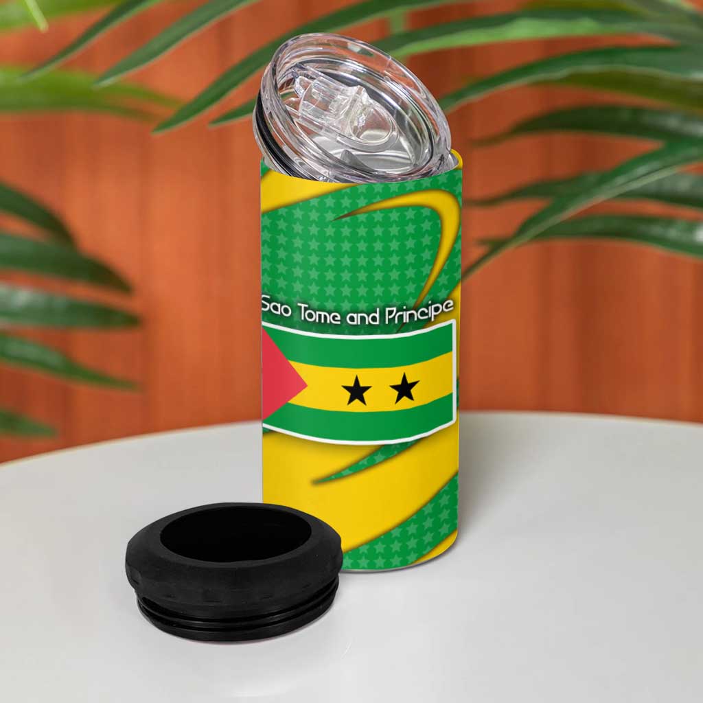 Sao Tome and Principe National Emblem 4 in 1 Can Cooler Tumbler Green Yellow Flag Pattern - African Pride