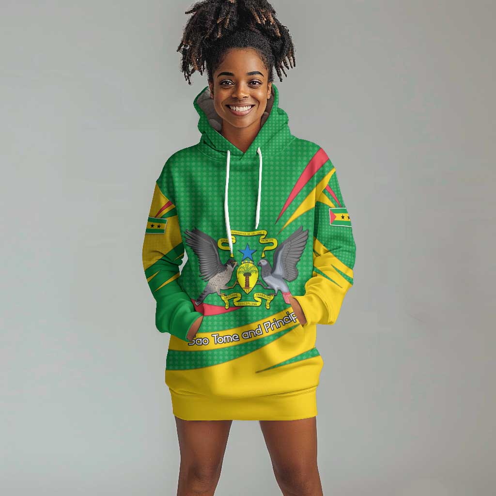 Sao Tome and Principe National Emblem Hoodie Dress Green Yellow Flag Pattern - African Pride