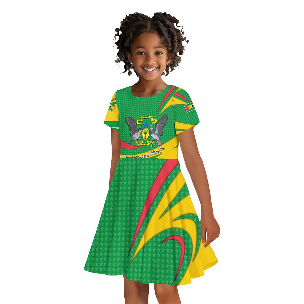 Sao Tome and Principe National Emblem Kid Short Sleeve Dress Green Yellow Flag Pattern - African Pride