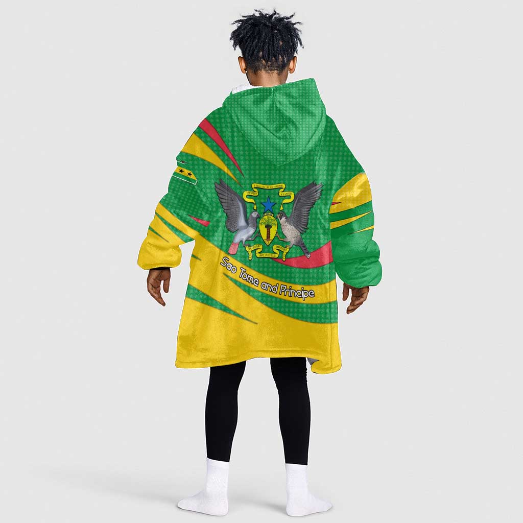 Sao Tome and Principe National Emblem Kid Wearable Blanket Hoodie Green Yellow Flag Pattern - African Pride