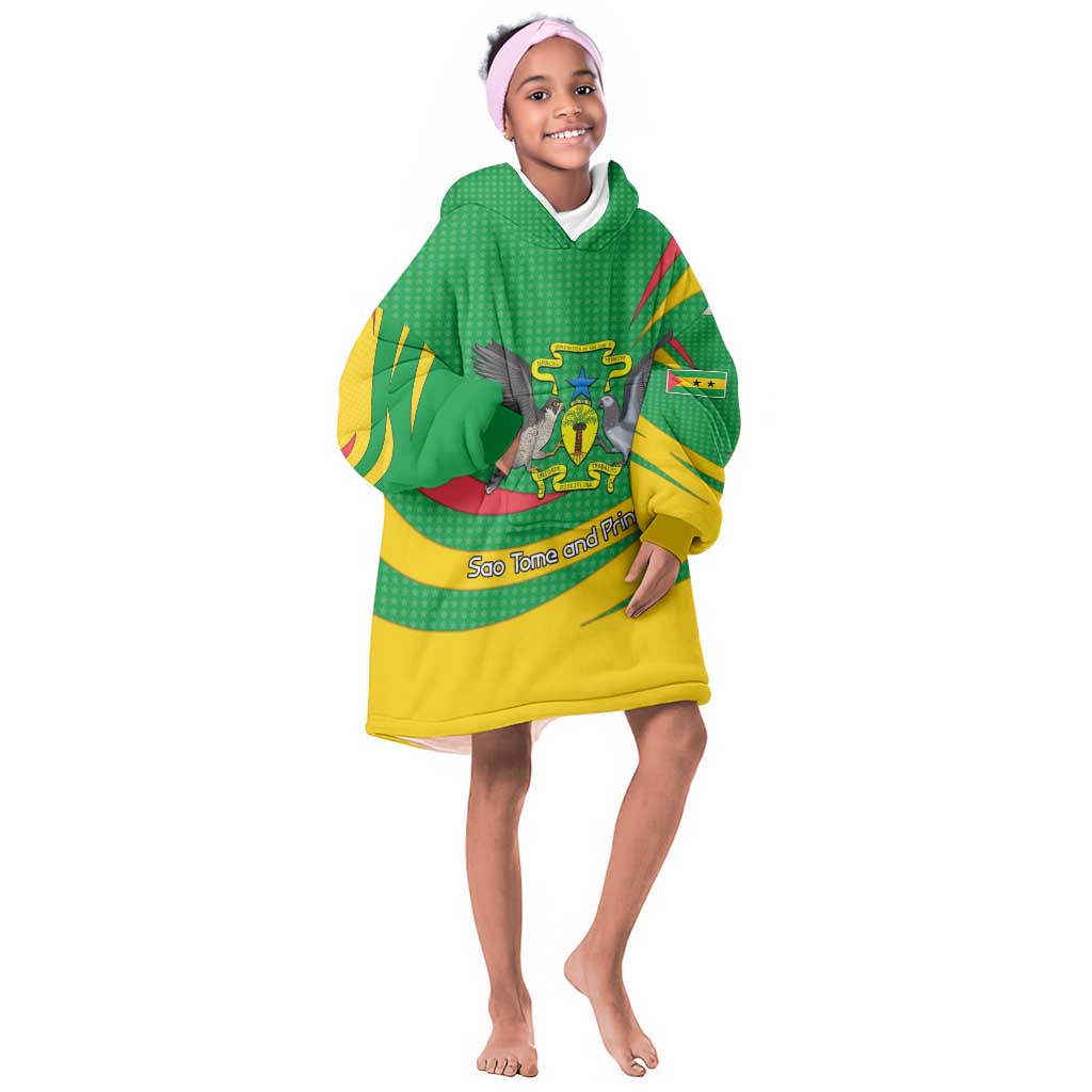 Sao Tome and Principe National Emblem Kid Wearable Blanket Hoodie Green Yellow Flag Pattern - African Pride