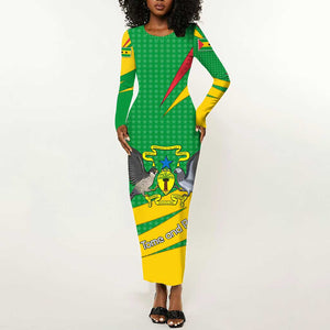 Sao Tome and Principe National Emblem Long Sleeve Bodycon Dress Green Yellow Flag Pattern - African Pride