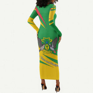 Sao Tome and Principe National Emblem Long Sleeve Bodycon Dress Green Yellow Flag Pattern - African Pride