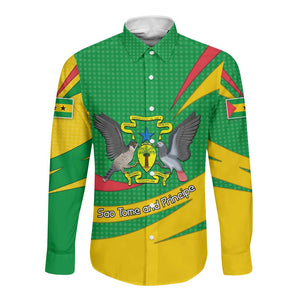 Sao Tome and Principe National Emblem Long Sleeve Button Shirt Green Yellow Flag Pattern - African Pride