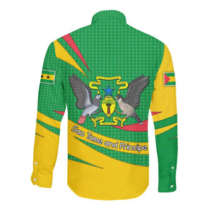 Sao Tome and Principe National Emblem Long Sleeve Button Shirt Green Yellow Flag Pattern - African Pride
