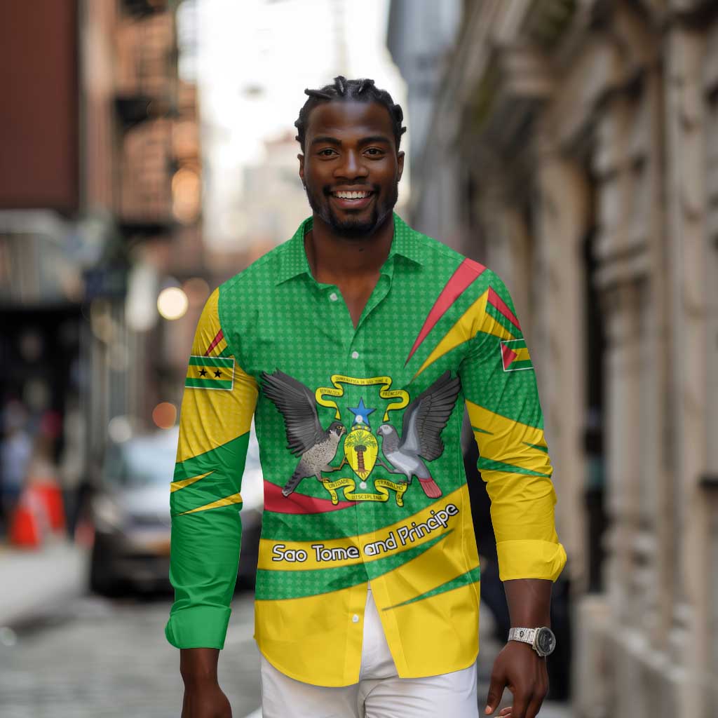 Sao Tome and Principe National Emblem Long Sleeve Button Shirt Green Yellow Flag Pattern - African Pride