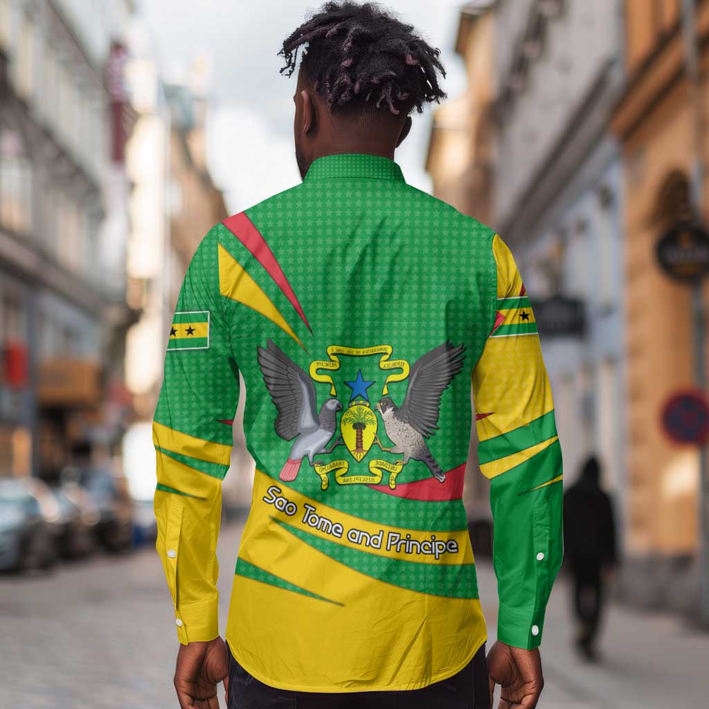 Sao Tome and Principe National Emblem Long Sleeve Button Shirt Green Yellow Flag Pattern - African Pride