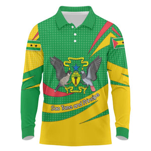 Sao Tome and Principe National Emblem Long Sleeve Polo Shirt Green Yellow Flag Pattern - African Pride