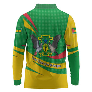 Sao Tome and Principe National Emblem Long Sleeve Polo Shirt Green Yellow Flag Pattern - African Pride