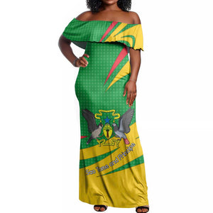 Sao Tome and Principe National Emblem Off Shoulder Maxi Dress Green Yellow Flag Pattern - African Pride