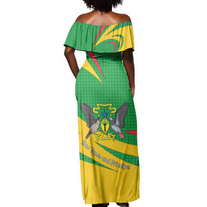 Sao Tome and Principe National Emblem Off Shoulder Maxi Dress Green Yellow Flag Pattern - African Pride