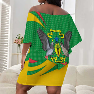 Sao Tome and Principe National Emblem Off Shoulder Short Dress Green Yellow Flag Pattern - African Pride
