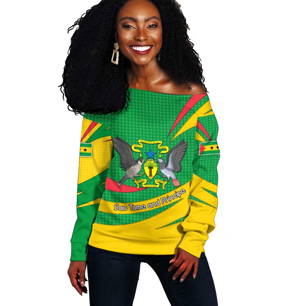 Sao Tome and Principe National Emblem Off Shoulder Sweater Green Yellow Flag Pattern - African Pride