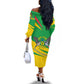 Sao Tome and Principe National Emblem Off The Shoulder Long Sleeve Dress Green Yellow Flag Pattern - African Pride