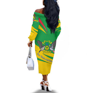 Sao Tome and Principe National Emblem Off The Shoulder Long Sleeve Dress Green Yellow Flag Pattern - African Pride