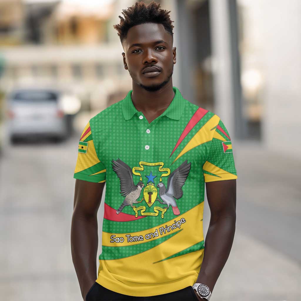 Sao Tome and Principe National Emblem Polo Shirt Green Yellow Flag Pattern - African Pride