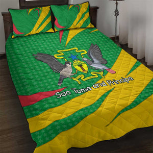 Sao Tome and Principe National Emblem Quilt Bed Set Green Yellow Flag Pattern - African Pride