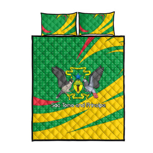 Sao Tome and Principe National Emblem Quilt Bed Set Green Yellow Flag Pattern - African Pride