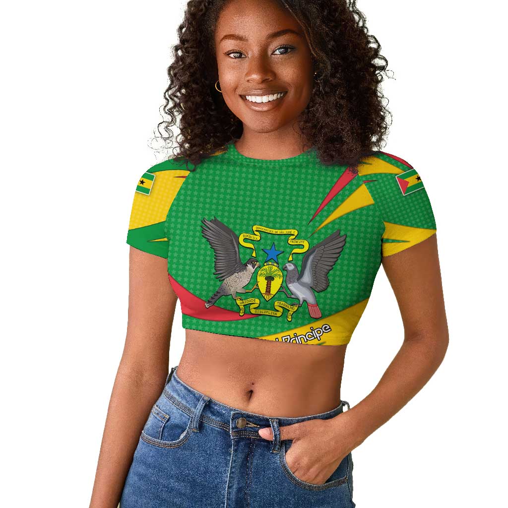 Sao Tome and Principe National Emblem Raglan Cropped T shirt Green Yellow Flag Pattern - African Pride