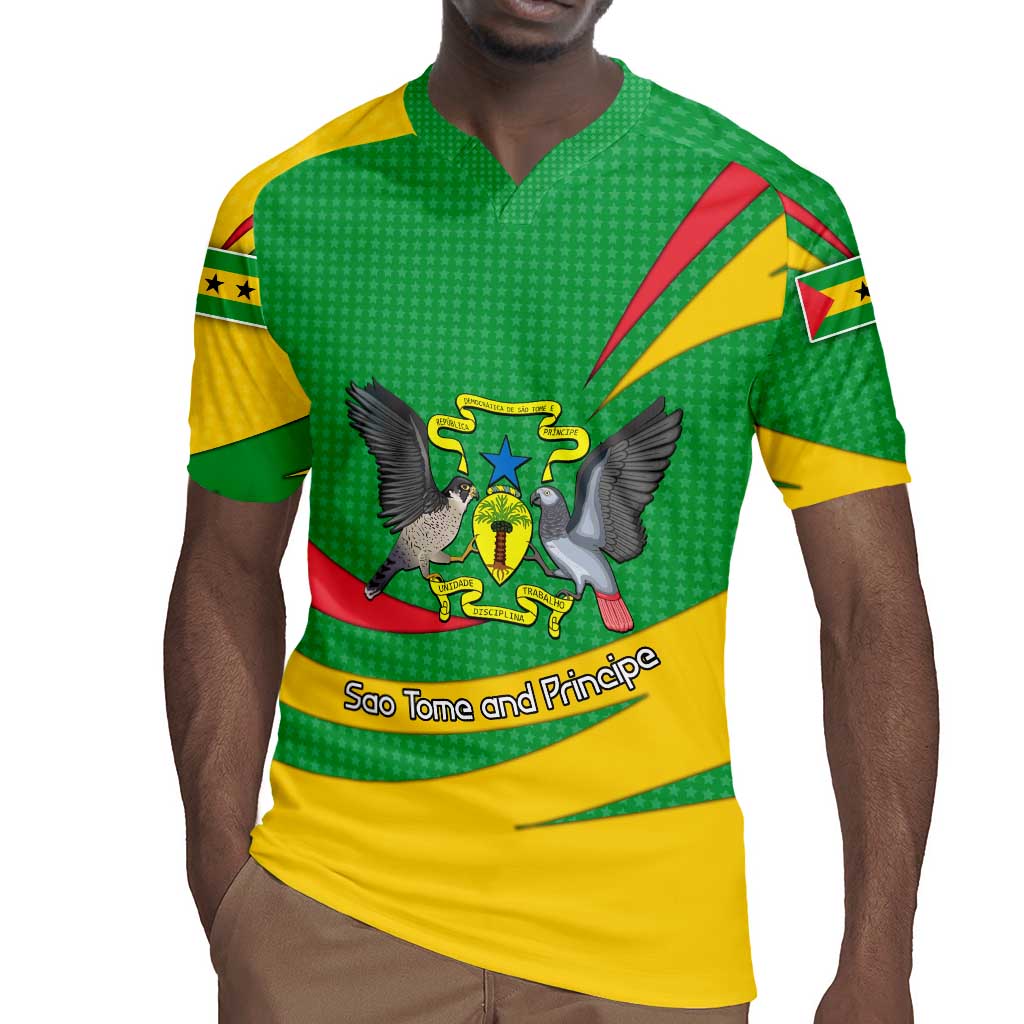 Sao Tome and Principe National Emblem Rugby Jersey Green Yellow Flag Pattern - African Pride