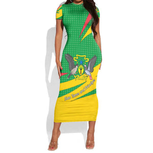 Sao Tome and Principe National Emblem Short Sleeve Bodycon Dress Green Yellow Flag Pattern - African Pride