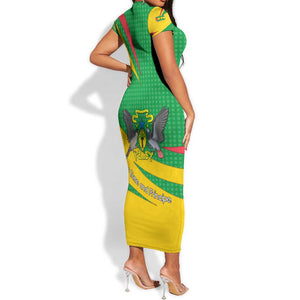 Sao Tome and Principe National Emblem Short Sleeve Bodycon Dress Green Yellow Flag Pattern - African Pride