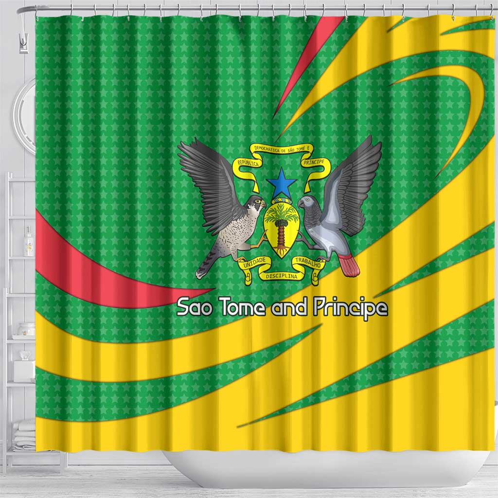 Sao Tome and Principe National Emblem Shower Curtain Green Yellow Flag Pattern - African Pride