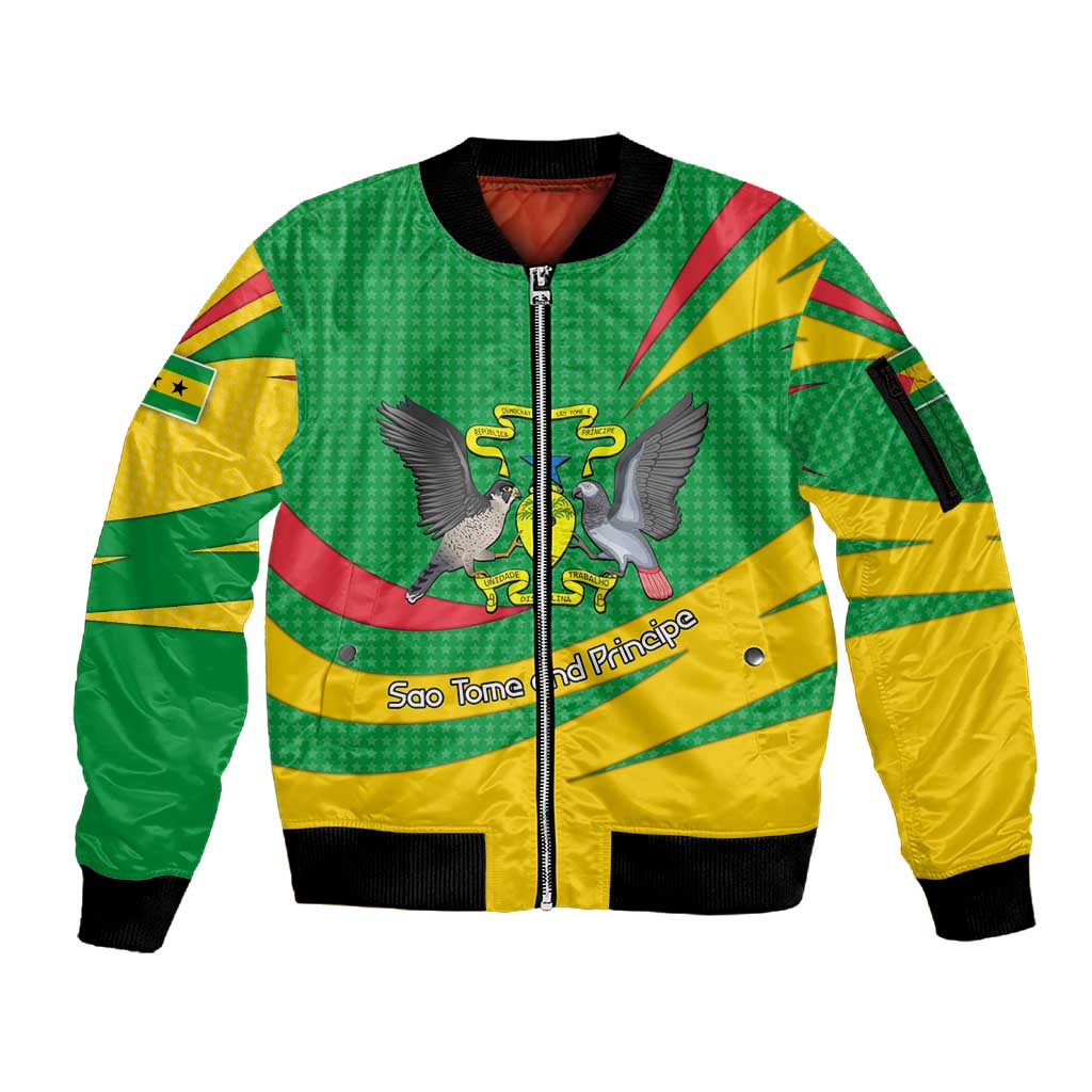 Sao Tome and Principe National Emblem Sleeve Zip Bomber Jacket Green Yellow Flag Pattern - African Pride