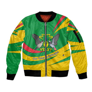 Sao Tome and Principe National Emblem Sleeve Zip Bomber Jacket Green Yellow Flag Pattern - African Pride
