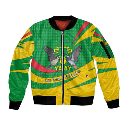 Sao Tome and Principe National Emblem Sleeve Zip Bomber Jacket Green Yellow Flag Pattern - African Pride