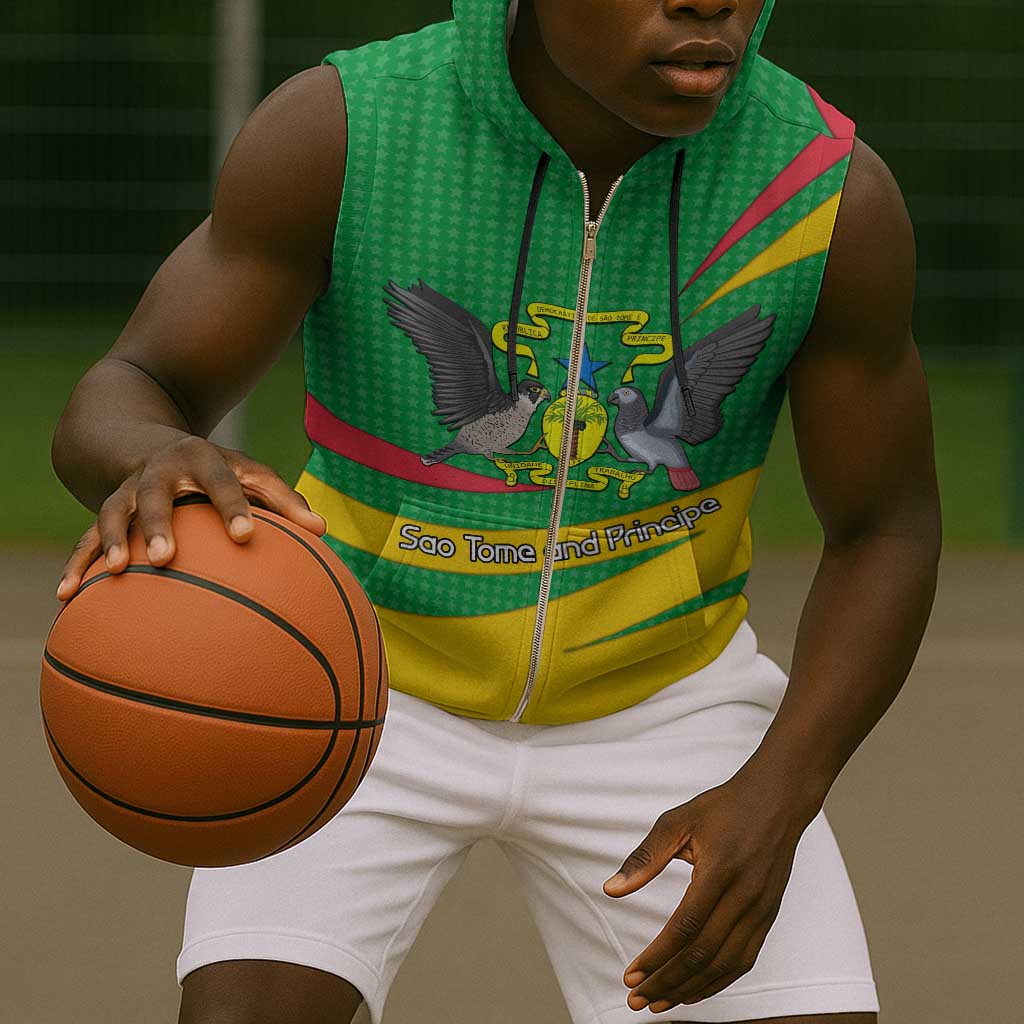Sao Tome and Principe National Emblem Sleeveless Zip Hoodie Green Yellow Flag Pattern - African Pride