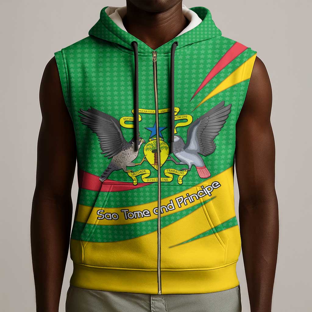 Sao Tome and Principe National Emblem Sleeveless Zip Hoodie Green Yellow Flag Pattern - African Pride