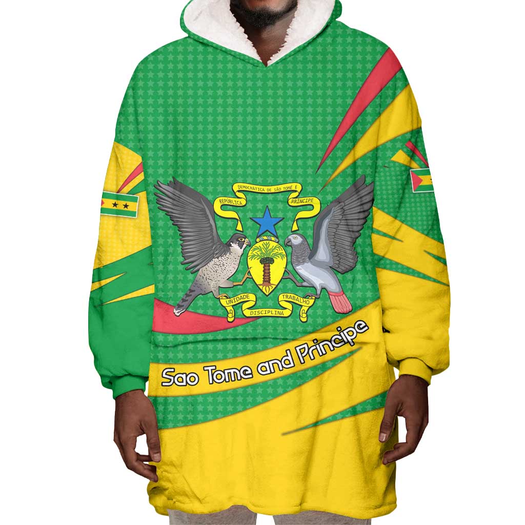 Sao Tome and Principe National Emblem Wearable Blanket Hoodie Green Yellow Flag Pattern - African Pride