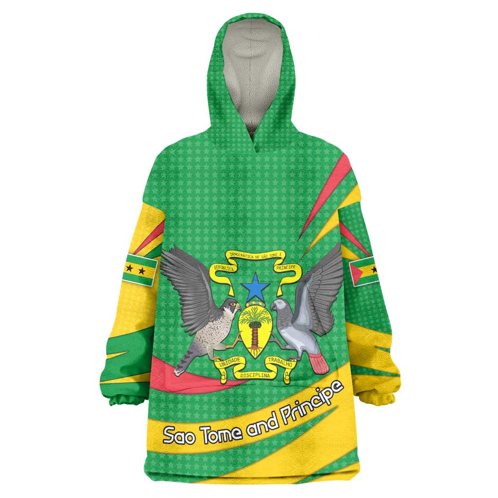 Sao Tome and Principe National Emblem Wearable Blanket Hoodie Green Yellow Flag Pattern - African Pride