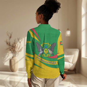 Sao Tome and Principe National Emblem Women Casual Shirt Green Yellow Flag Pattern - African Pride