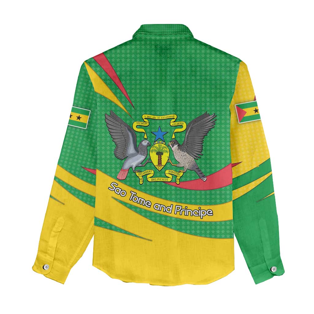 Sao Tome and Principe National Emblem Women Casual Shirt Green Yellow Flag Pattern - African Pride
